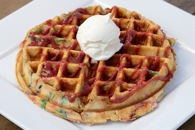Chocolate waffle with Raspberry drizzle and whipped cream